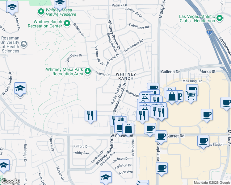 map of restaurants, bars, coffee shops, grocery stores, and more near 744 Rocky Trail Road in Henderson