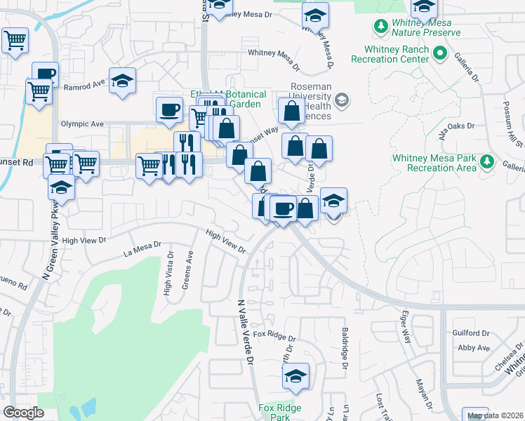 map of restaurants, bars, coffee shops, grocery stores, and more near 2021 West Sunset Road in Henderson