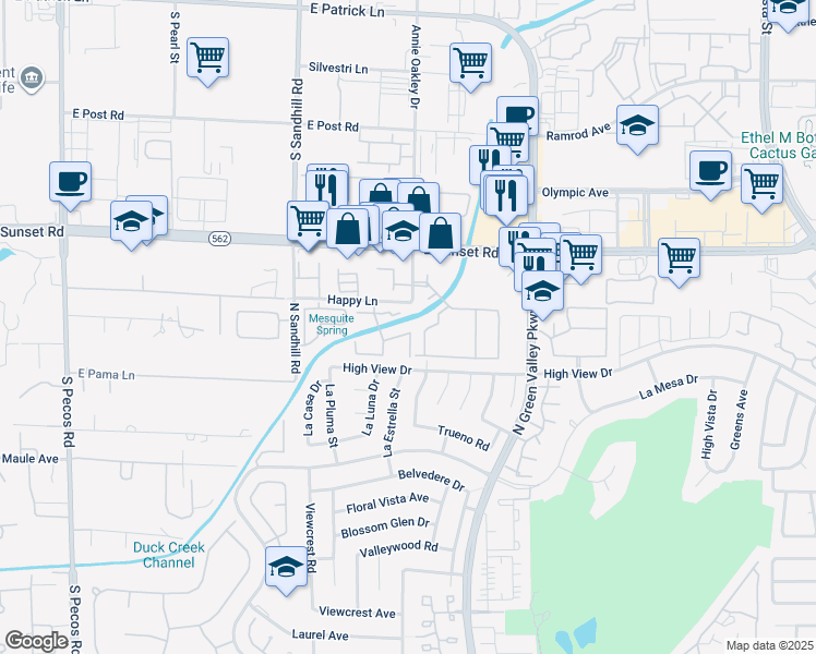map of restaurants, bars, coffee shops, grocery stores, and more near 211 Bass Drive in Henderson