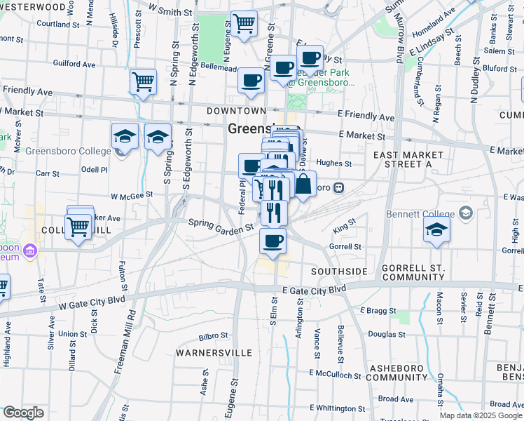 map of restaurants, bars, coffee shops, grocery stores, and more near 332 South Elm Street in Greensboro