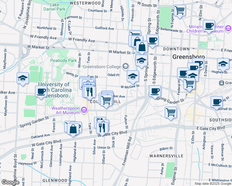 map of restaurants, bars, coffee shops, grocery stores, and more near 1001 West McGee Street in Greensboro