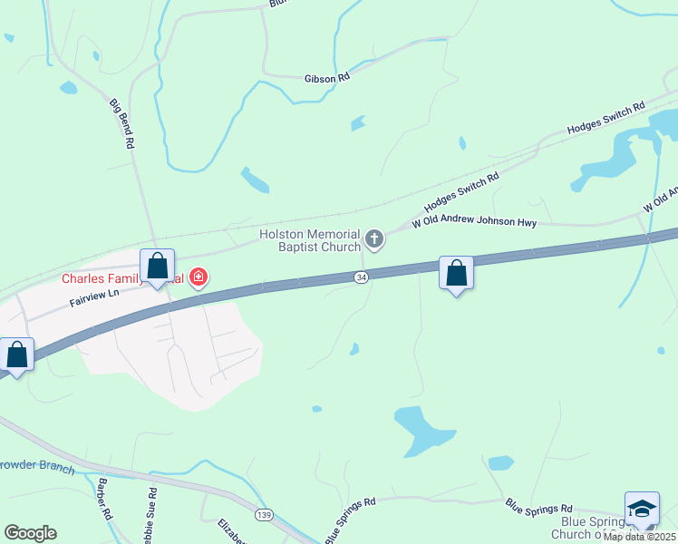 map of restaurants, bars, coffee shops, grocery stores, and more near 2570 West Highway 11E in Strawberry Plains