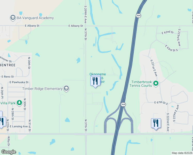 map of restaurants, bars, coffee shops, grocery stores, and more near 21075 East 65th Street in Broken Arrow