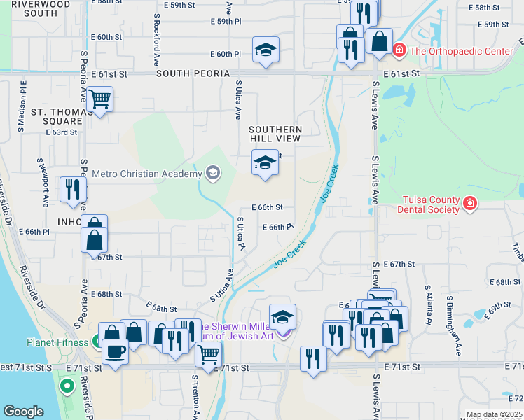 map of restaurants, bars, coffee shops, grocery stores, and more near 1721 East 66th Street in Tulsa