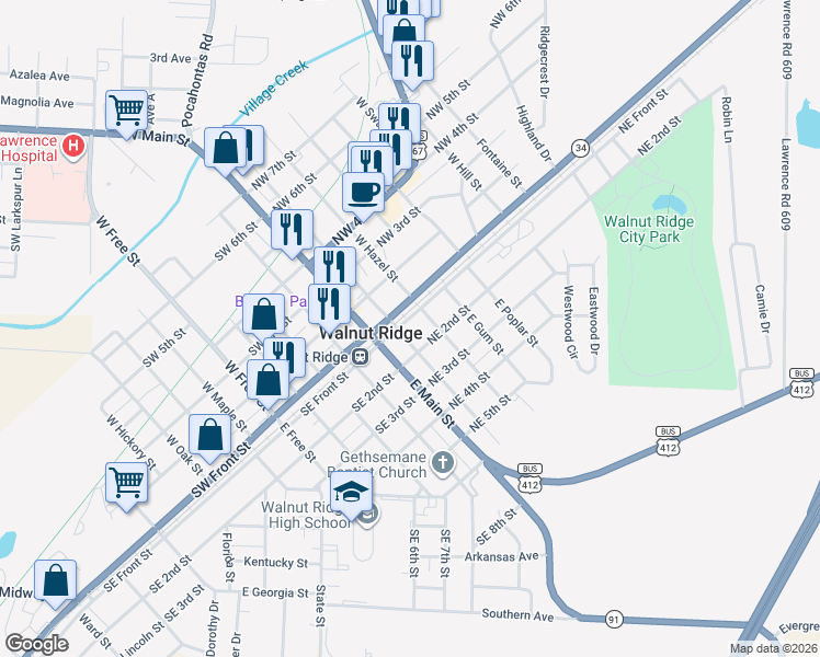 map of restaurants, bars, coffee shops, grocery stores, and more near 302 Northeast Front Street in Walnut Ridge