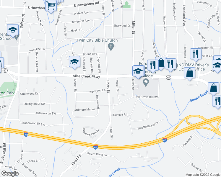 map of restaurants, bars, coffee shops, grocery stores, and more near 1541 Ebert Street in Winston-Salem