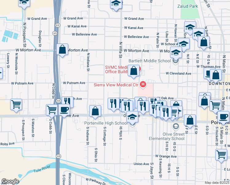 map of restaurants, bars, coffee shops, grocery stores, and more near 143 North Villa Street in Porterville