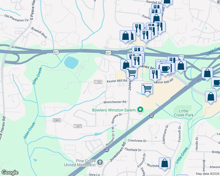 map of restaurants, bars, coffee shops, grocery stores, and more near 4712 Brighton Park Drive in Winston-Salem
