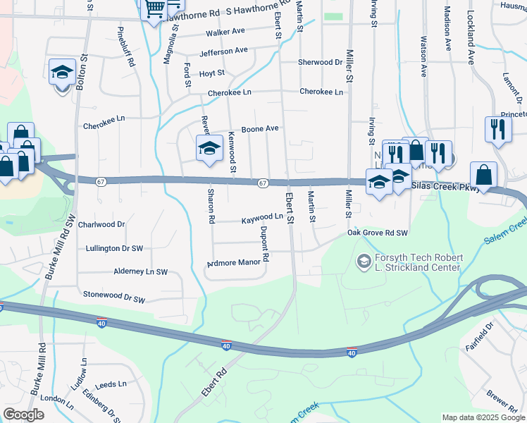 map of restaurants, bars, coffee shops, grocery stores, and more near 2309 Kaywood Lane in Winston-Salem