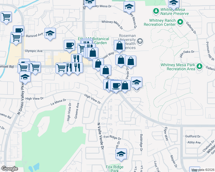 map of restaurants, bars, coffee shops, grocery stores, and more near 2021 West Sunset Road in Henderson