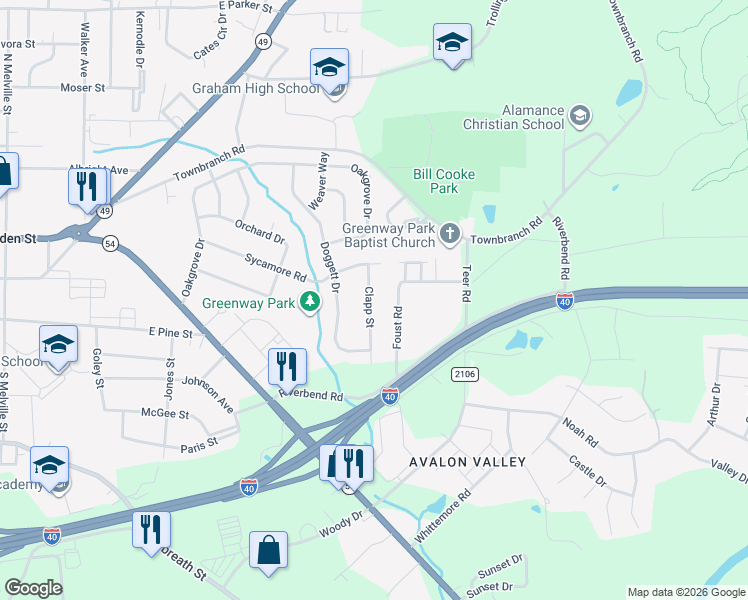 map of restaurants, bars, coffee shops, grocery stores, and more near 320 Clapp Street in Graham