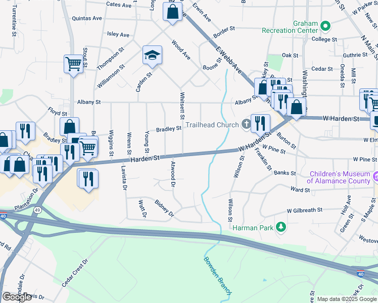 map of restaurants, bars, coffee shops, grocery stores, and more near 223 Harden Street in Burlington