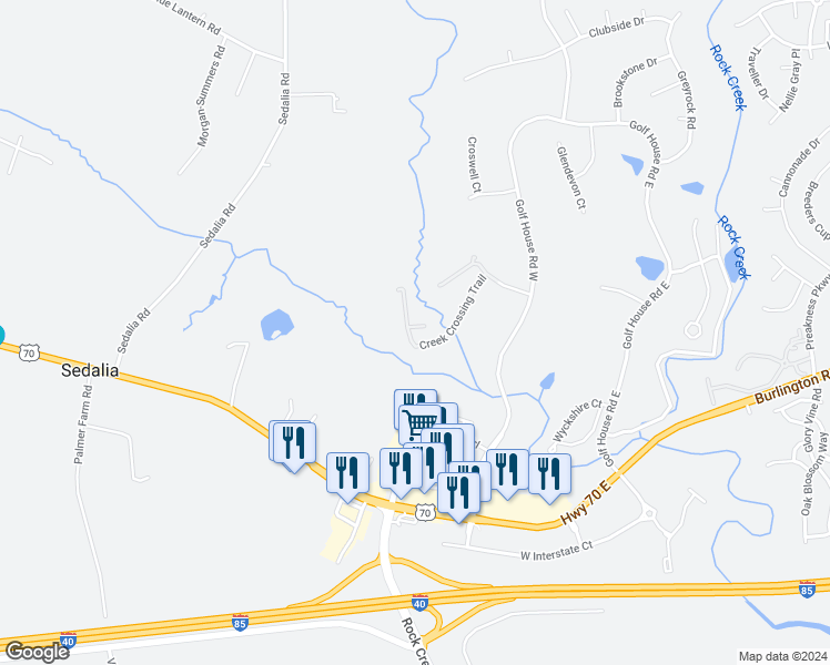 map of restaurants, bars, coffee shops, grocery stores, and more near 860 Creek Crossing Trail in Whitsett