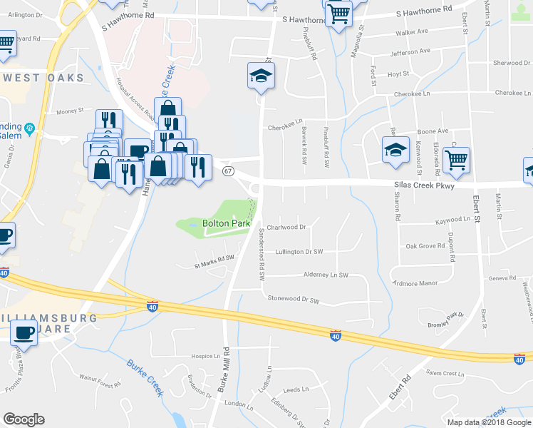 map of restaurants, bars, coffee shops, grocery stores, and more near 1527 Sandersted Road Southwest in Winston-Salem