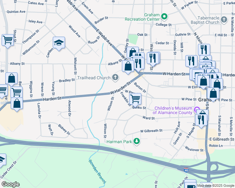 map of restaurants, bars, coffee shops, grocery stores, and more near 630 West Harden Street in Graham