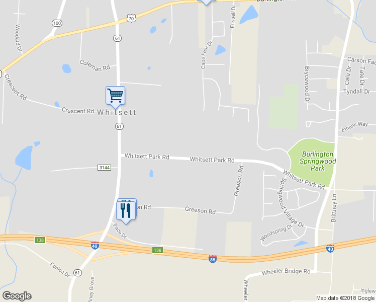 map of restaurants, bars, coffee shops, grocery stores, and more near 7233 Whitsett Park Road in Whitsett