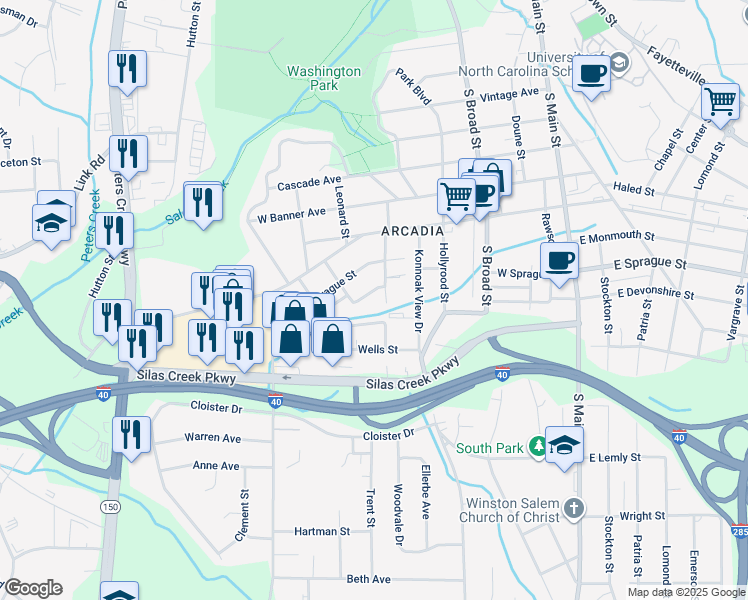 map of restaurants, bars, coffee shops, grocery stores, and more near 516 West Devonshire Street in Winston-Salem