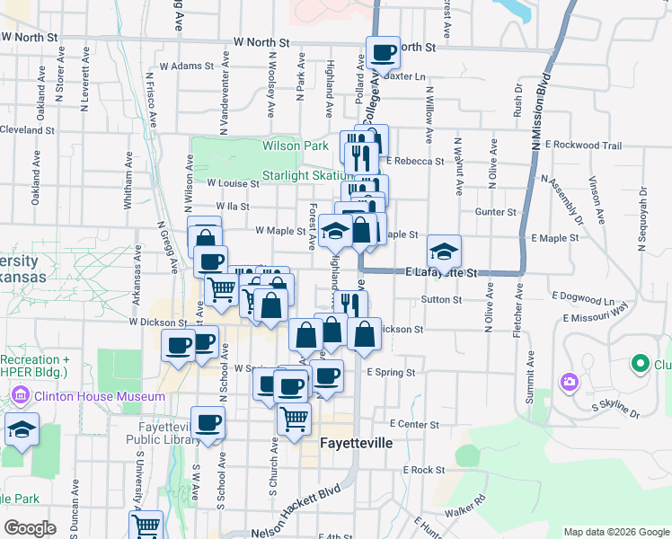 map of restaurants, bars, coffee shops, grocery stores, and more near 1 West Lafayette Street in Fayetteville