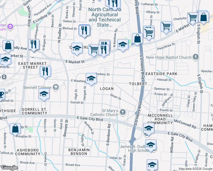 map of restaurants, bars, coffee shops, grocery stores, and more near 1305 East Washington Street in Greensboro