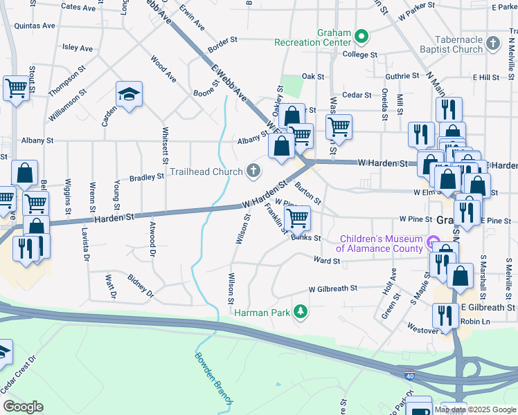 map of restaurants, bars, coffee shops, grocery stores, and more near 630 West Harden Street in Graham