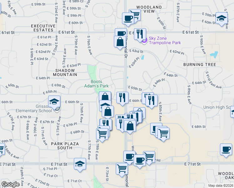 map of restaurants, bars, coffee shops, grocery stores, and more near 7909 East 66th Street in Tulsa