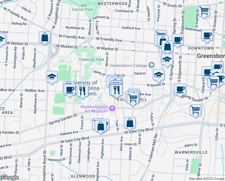 map of restaurants, bars, coffee shops, grocery stores, and more near 330 Tate Street in Greensboro