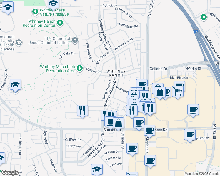 map of restaurants, bars, coffee shops, grocery stores, and more near 740 Rocky Trail Road in Henderson