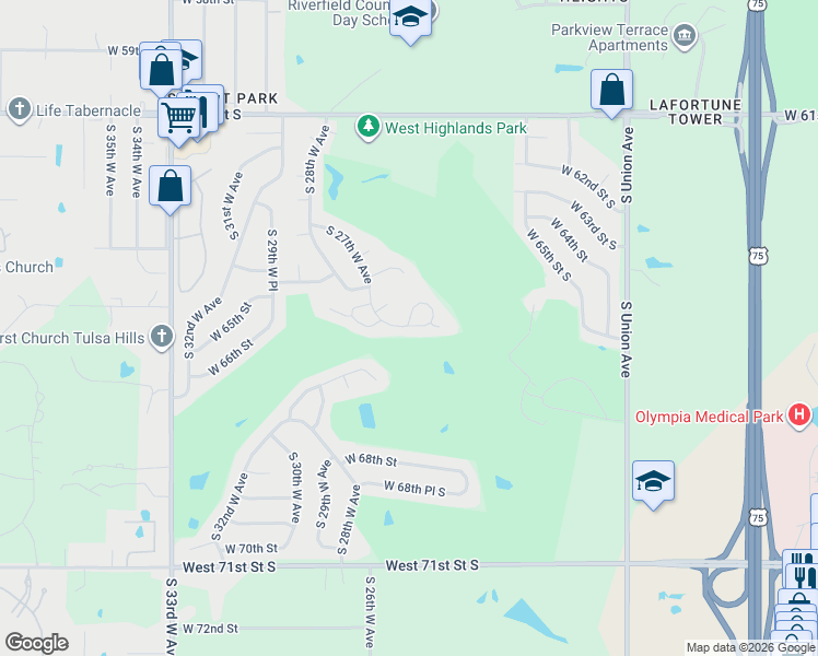 map of restaurants, bars, coffee shops, grocery stores, and more near 4912 West 66th Place in Tulsa