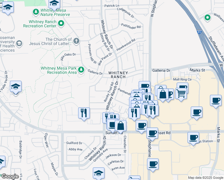 map of restaurants, bars, coffee shops, grocery stores, and more near 740 Rocky Trail Road in Henderson