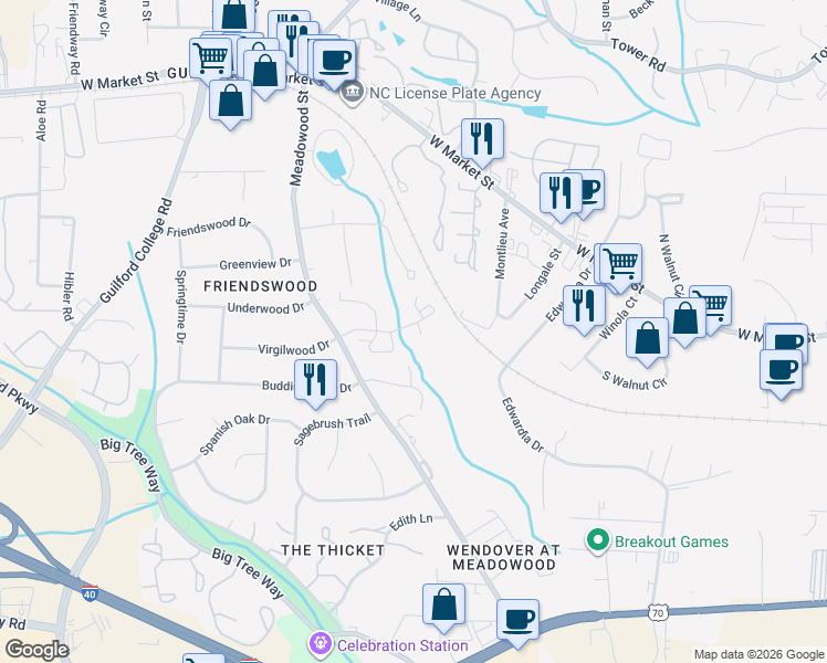 map of restaurants, bars, coffee shops, grocery stores, and more near 9 Brandy Drive in Greensboro