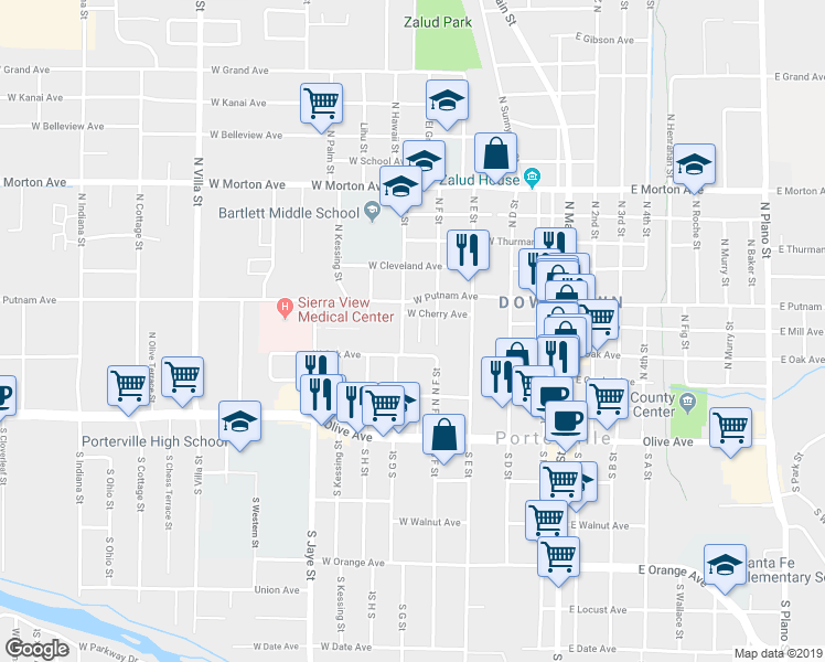 map of restaurants, bars, coffee shops, grocery stores, and more near 164 North G Street in Porterville