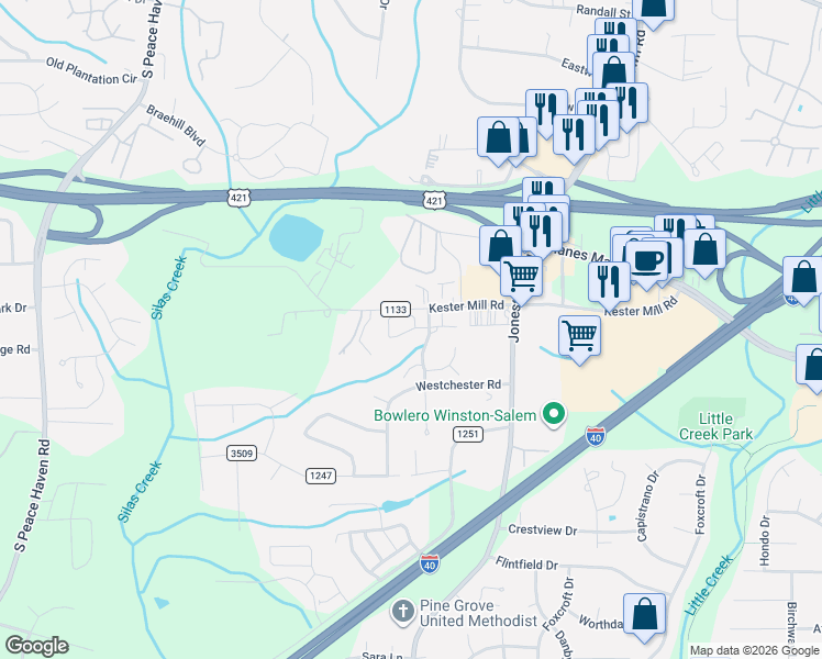 map of restaurants, bars, coffee shops, grocery stores, and more near 4781 Tatton Park Circle in Winston-Salem