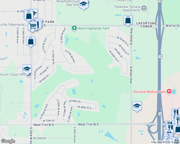 map of restaurants, bars, coffee shops, grocery stores, and more near 2516 West 66th Circle in Tulsa