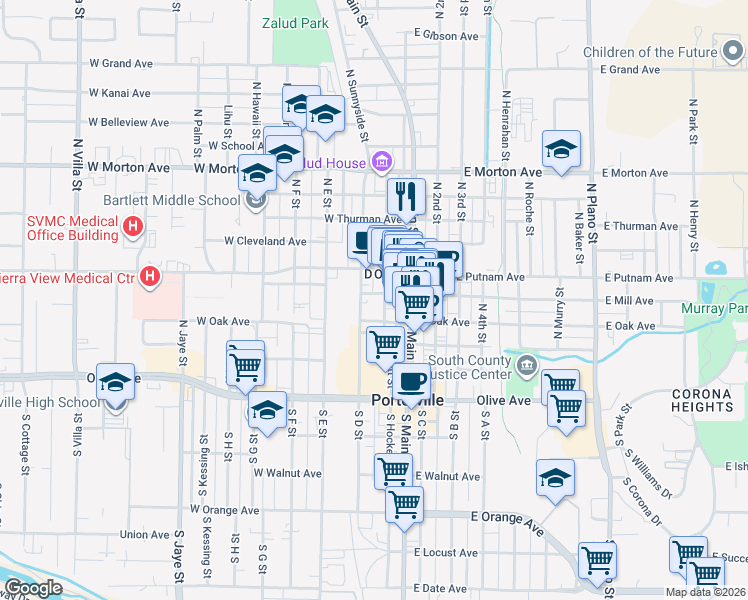 map of restaurants, bars, coffee shops, grocery stores, and more near 65 West Mill Avenue in Porterville