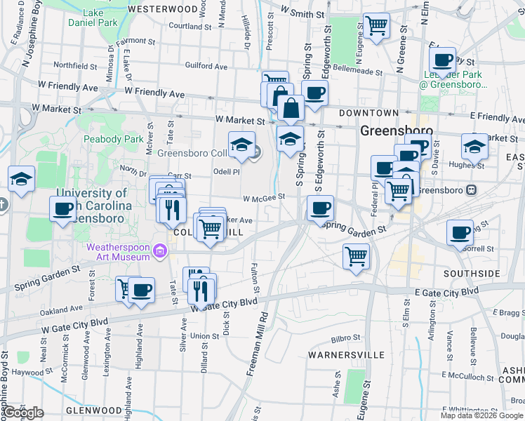 map of restaurants, bars, coffee shops, grocery stores, and more near 900 West McGee Street in Greensboro