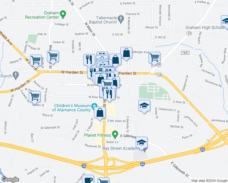 map of restaurants, bars, coffee shops, grocery stores, and more near 109 South Marshall Street in Graham