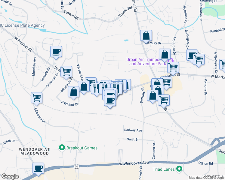 map of restaurants, bars, coffee shops, grocery stores, and more near 5000 West Market Street in Greensboro