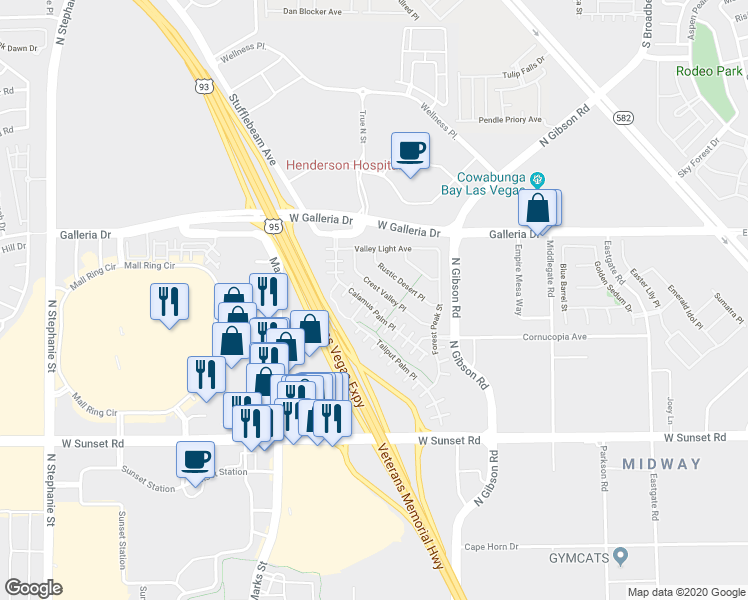 map of restaurants, bars, coffee shops, grocery stores, and more near 760 Crest Valley Place in Henderson