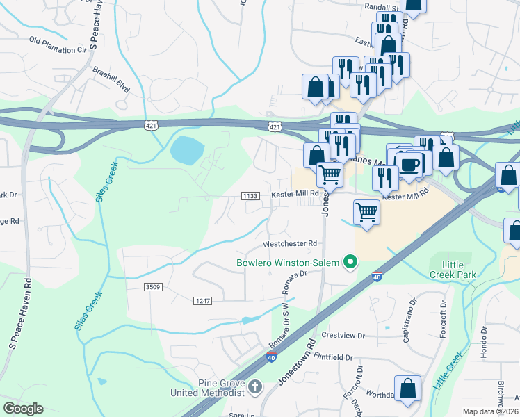 map of restaurants, bars, coffee shops, grocery stores, and more near 4781 Tatton Park Circle in Winston-Salem