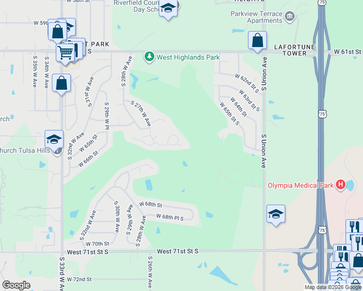 map of restaurants, bars, coffee shops, grocery stores, and more near 2516 West 66th Circle in Tulsa