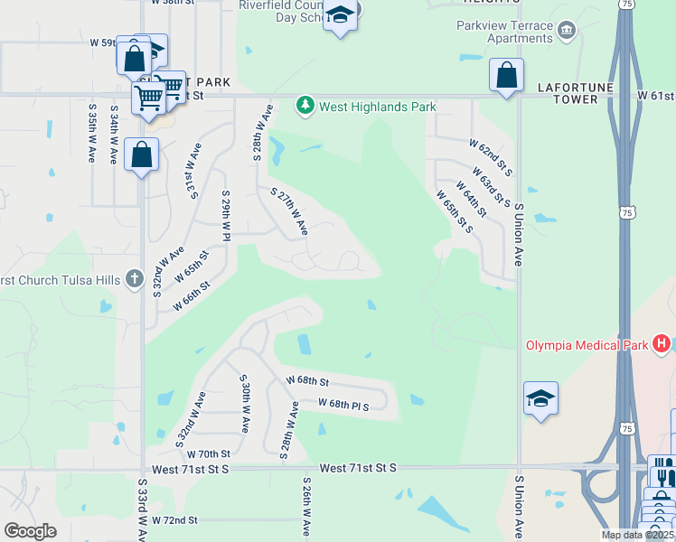 map of restaurants, bars, coffee shops, grocery stores, and more near 4912 West 66th Place in Tulsa