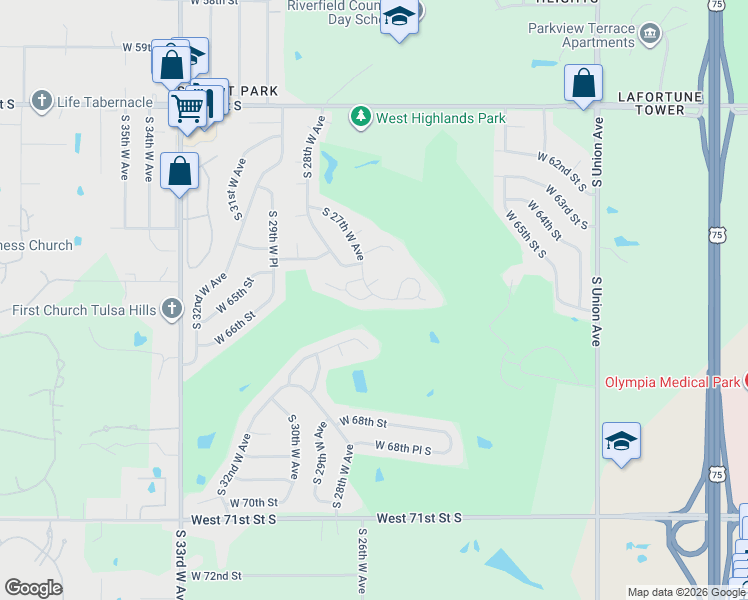 map of restaurants, bars, coffee shops, grocery stores, and more near 4912 West 66th Place in Tulsa
