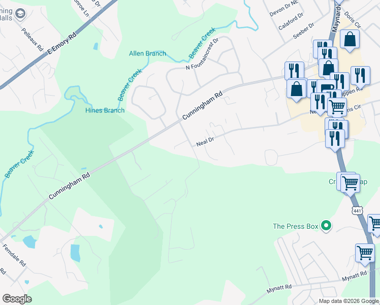map of restaurants, bars, coffee shops, grocery stores, and more near 6825 Fraker Road Northeast in Knoxville