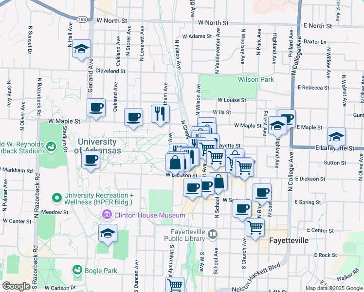 map of restaurants, bars, coffee shops, grocery stores, and more near 616 West Lafayette Street in Fayetteville