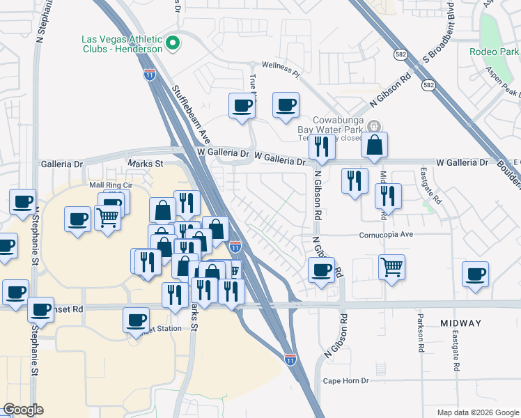 map of restaurants, bars, coffee shops, grocery stores, and more near 760 Crest Valley Place in Henderson
