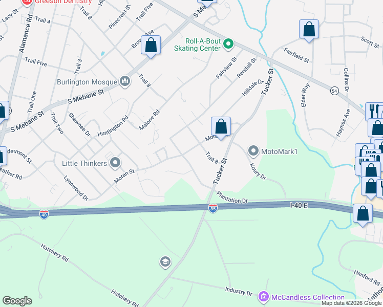 map of restaurants, bars, coffee shops, grocery stores, and more near 903 Trail 8 in Burlington