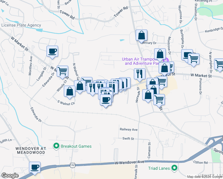 map of restaurants, bars, coffee shops, grocery stores, and more near in Greensboro