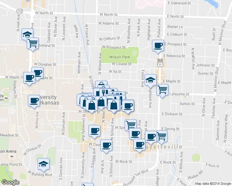 map of restaurants, bars, coffee shops, grocery stores, and more near 338 West Lafayette Street in Fayetteville