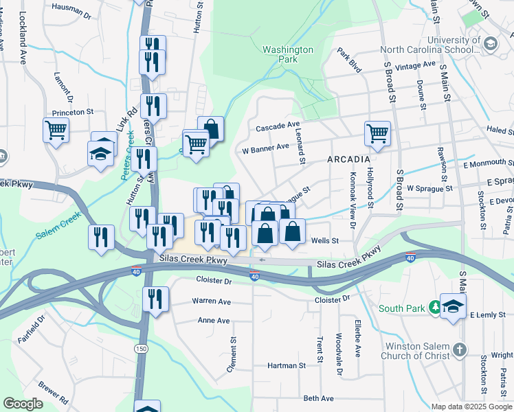 map of restaurants, bars, coffee shops, grocery stores, and more near 818 Salisbury Ridge Road in Winston-Salem