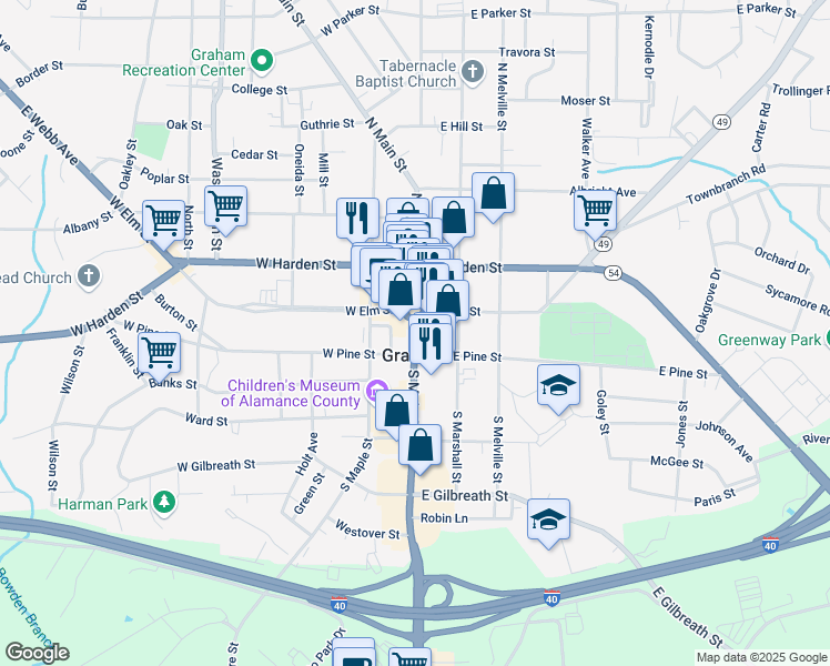 map of restaurants, bars, coffee shops, grocery stores, and more near 136 South Main Street in Graham